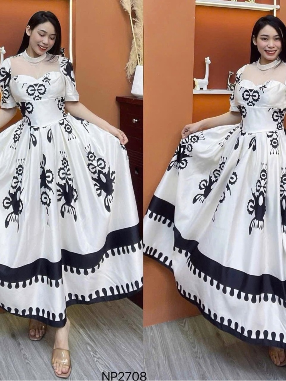 White Midi Dress with Black Floral Motif and Sheer Yoke